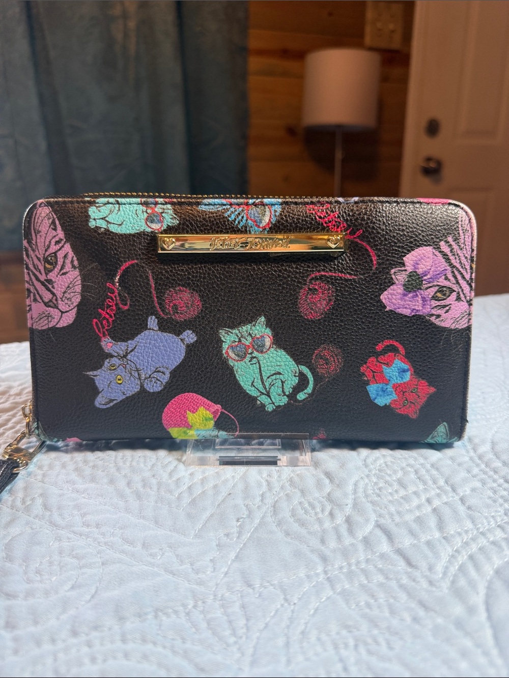 Betsey Johnson Black Wallet with Multicolor Cat Motif